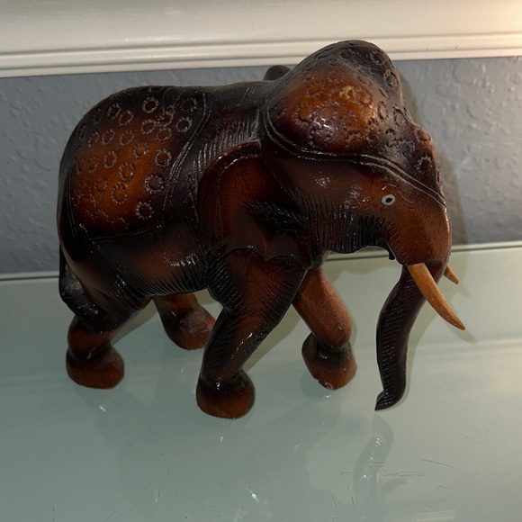 Hand-Carved Brown Wooden Elephant Statue - Decorative Home Art - Picture 2 of 3